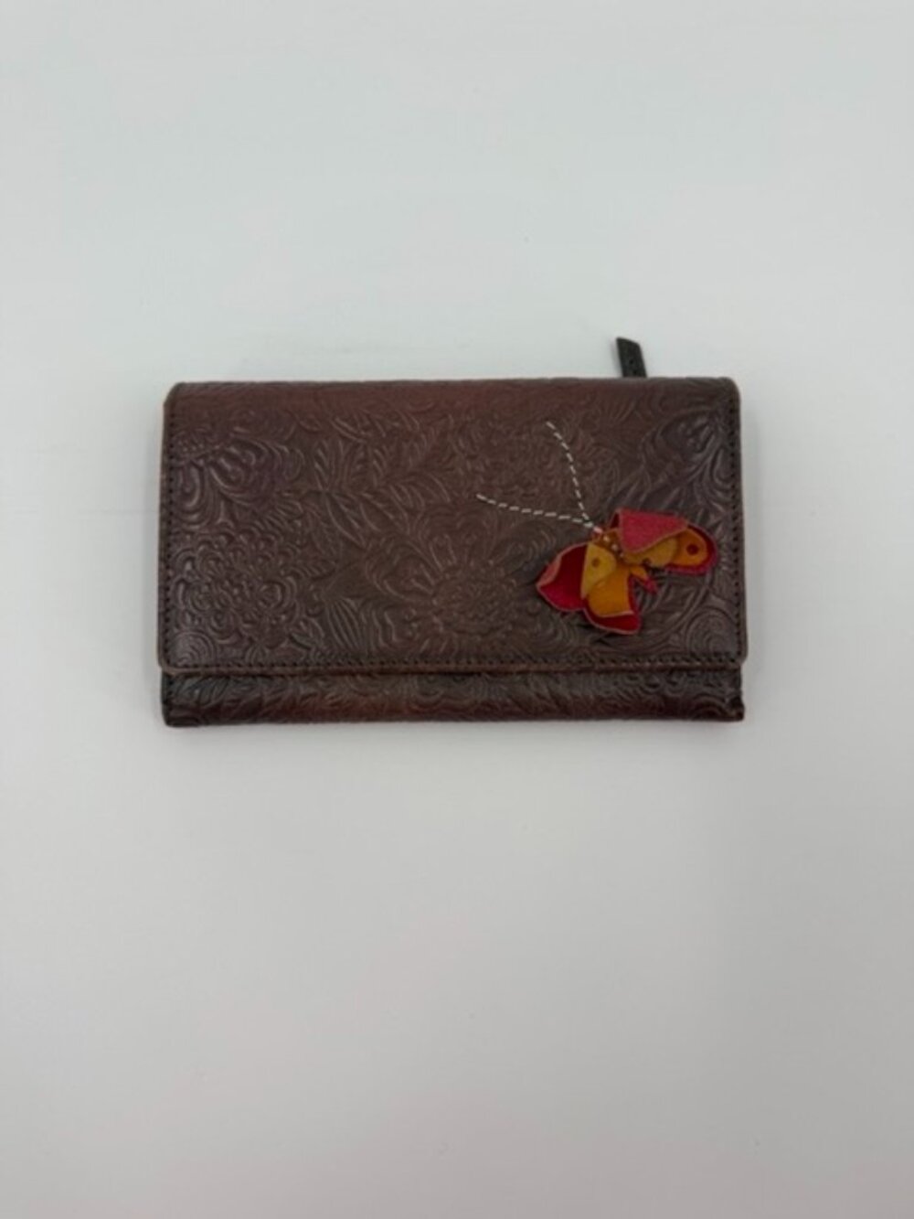 Genuine Leather Embossed Wallet Brown Butterfly